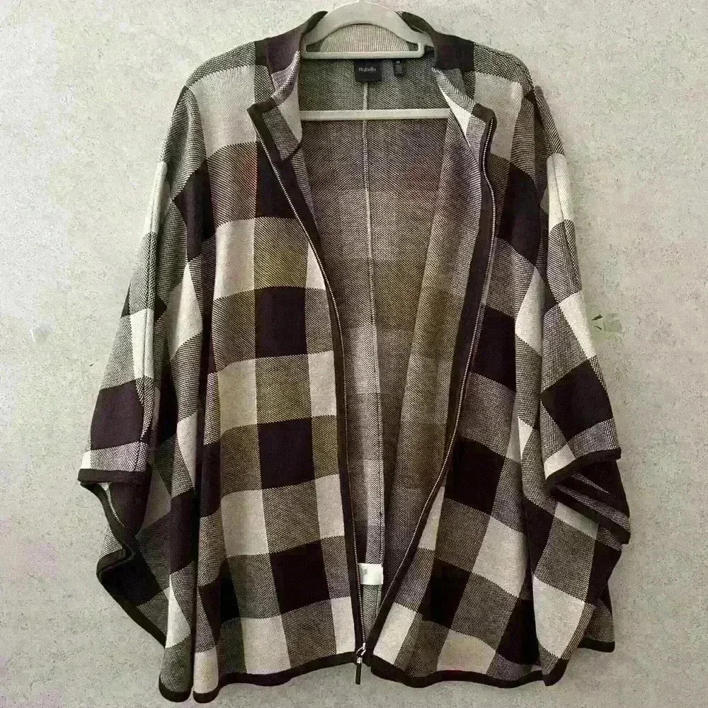 RAFAELLA 1X BROWN/TAN CHECKERED ZIPPERED COMFY FALL WINTER CAREER CAPE - Picture 4 of 7